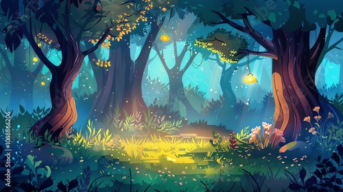 An illustration of a magical forest with glowing lights.