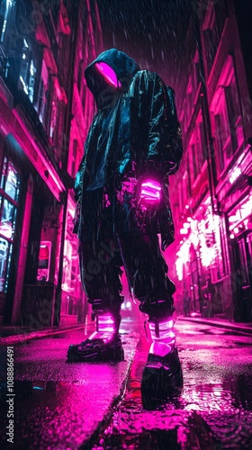 Futuristic 2050s streetwear with neon-lit cyberpunk influences and holographic accessories in a rainy urban alley at night photo