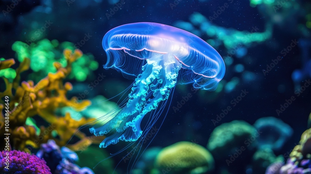 A glowing bioluminescent jellyfish floats gracefully through a vibrant coral reef, illuminating the underwater world in soft blues and greens, creating a magical and serene scene A glowing bioluminescent jellyfish floats gracefully through a vibrant coral reef, illuminating the underwater world in soft blues and greens, creating a magical and serene scene