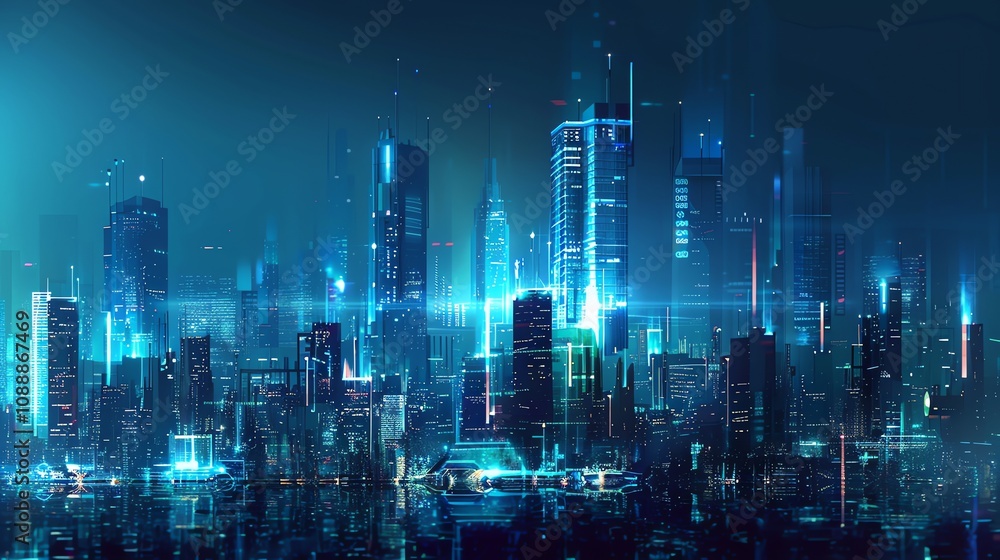 A futuristic cityscape with glowing blue lights and reflections in the water. A futuristic cityscape with glowing blue lights and reflections in the water.
