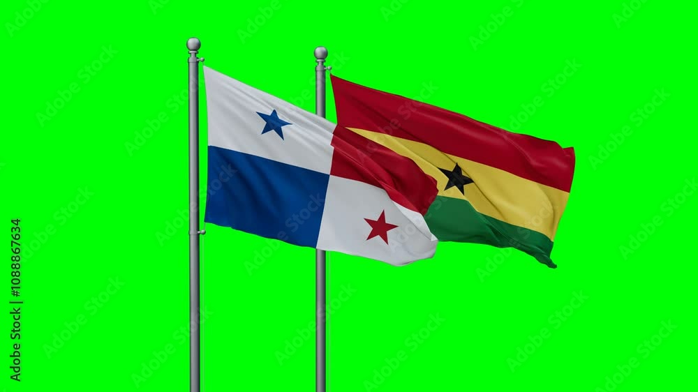 Ghana and Panama flags flying together, video concept of the relationship with colored chroma key for easy background remove Ghana and Panama flags flying together, video concept of the relationship with colored chroma key for easy background remove