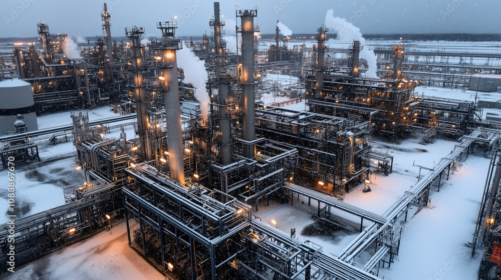 Snow-covered industrial refinery complex with large metal structures and chimneys emitting steam in cold winter weather. Snow-covered industrial refinery complex with large metal structures and chimneys emitting steam in cold winter weather.
