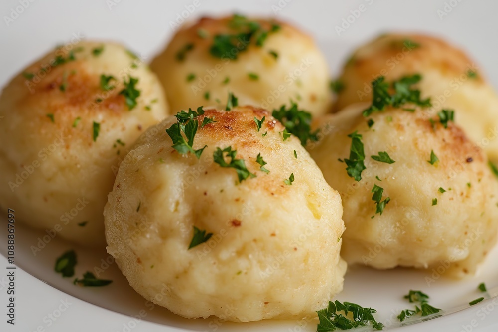 A close-up of a group of cooked dumplings garnished with parsley on a white background. A close-up of a group of cooked dumplings garnished with parsley on a white background.