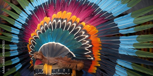 A vibrant close-up of Amazonian feather headdress art with colorful plumage, representing the deep-rooted traditions of South American tribes. photo