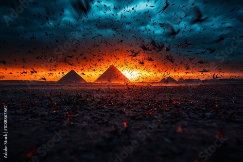 The eighth plague of Egypt: massive locust swarm darkening the sky over the pyramids, devouring crops and trees