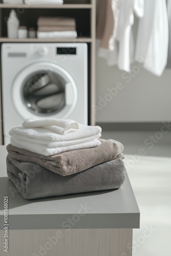 Laundry room scene with a stack of neutral towels and a modern washing machine in focus