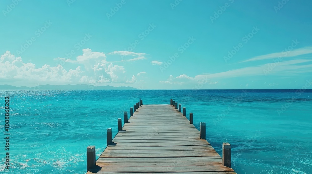A serene view of a wooden pier stretching into a crystal-clear turquoise sea, with calm waves and a vibrant blue sky, perfect for summer getaway visuals A serene view of a wooden pier stretching into a crystal-clear turquoise sea, with calm waves and a vibrant blue sky, perfect for summer getaway visuals