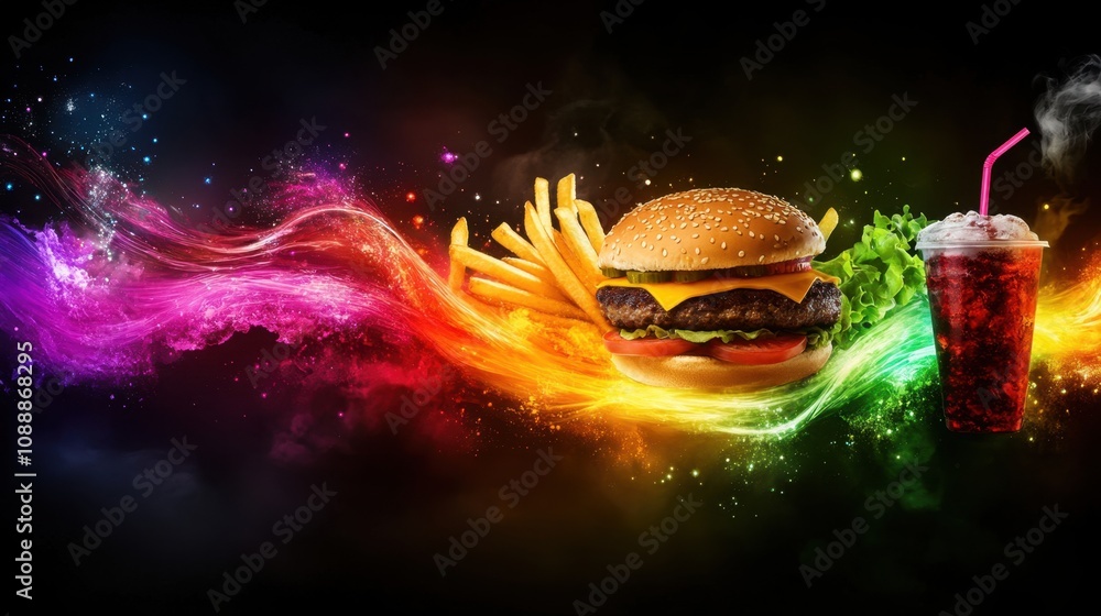 A playful explosion of fast food, with a burger, fries, and soda cup flying through vibrant, detailed energy bursts. A playful explosion of fast food, with a burger, fries, and soda cup flying through vibrant, detailed energy bursts.