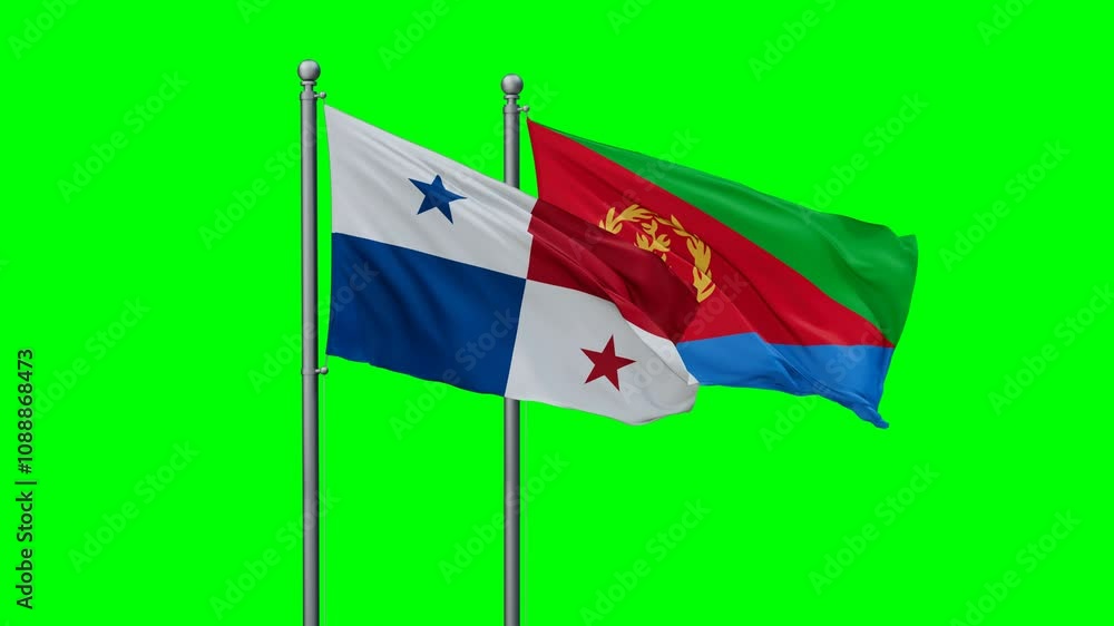 Eritrea and Panama flags flying together, video concept of the relationship with colored chroma key for easy background remove, two country cooperation concept Eritrea and Panama flags flying together, video concept of the relationship with colored chroma key for easy background remove, two country cooperation concept