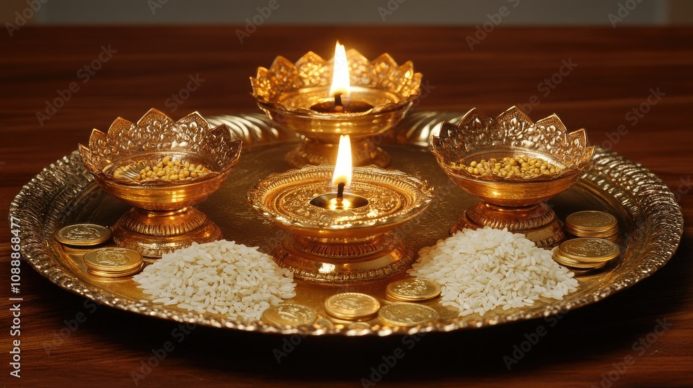 A traditional Lakshmi Puja thali featuring a diya (oil lamp), kumkum, rice grains, and golden coins, beautifully arranged for a festival celebration, symbolizing wealth and prosperity A traditional Lakshmi Puja thali featuring a diya (oil lamp), kumkum, rice grains, and golden coins, beautifully arranged for a festival celebration, symbolizing wealth and prosperity