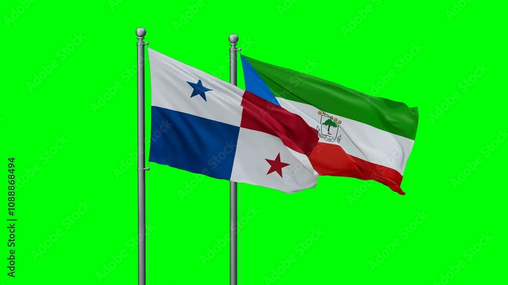 Equatorial Guinea and Panama flags flying together, video concept of the relationship with colored chroma key for easy background remove Equatorial Guinea and Panama flags flying together, video concept of the relationship with colored chroma key for easy background remove