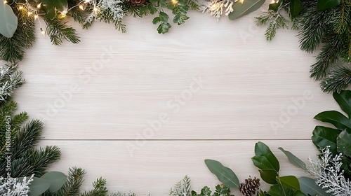 Festive Greenery and Pine Cones Framing a Cozy Wooden Background for Holiday Celebrations