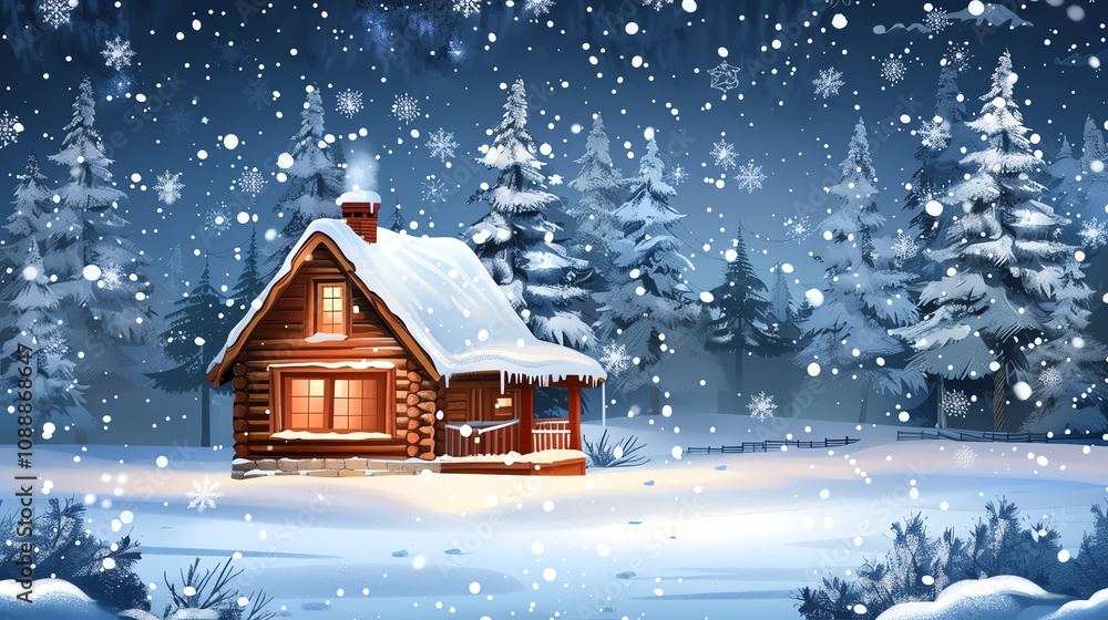 A cozy cabin in a snowy forest at night with a full moon in the sky.