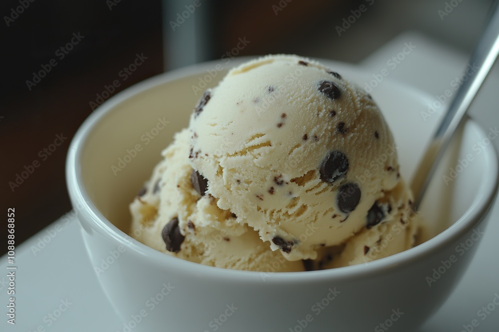 A close-up shot of a scoop of chocolate chip cookie dough ice cream in a white bowl. A close-up shot of a scoop of chocolate chip cookie dough ice cream in a white bowl.