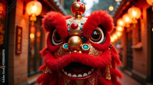 Red lion dance costume displayed during a cultural festival in a traditional market filled with lanterns in the evening light photo