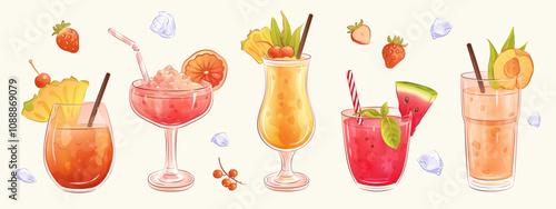 Collection of 3d realistic summer alcoholic drink. Tropical beach cocktails, fresh fruits, berries and ice isolated on background. Bar menu hand drawn design clip art. Vector illustration