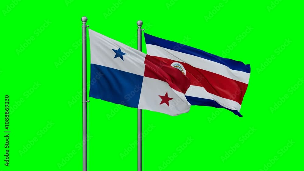 Costa Rico and Panama flags flying together, video concept of the relationship with colored chroma key for easy background remove, two country cooperation concept Costa Rico and Panama flags flying together, video concept of the relationship with colored chroma key for easy background remove, two country cooperation concept