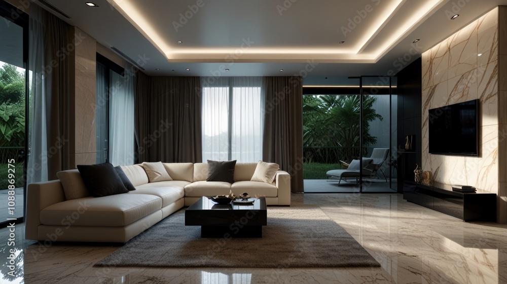 Fototapeta premium Here's a description and keywords for the image.. Luxurious modern living room with beige sectional sofa, marble floors, large windows showing a garden view, and recessed lighting.