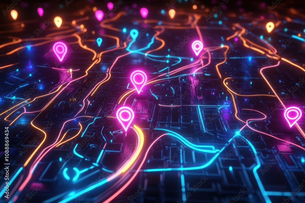 A vibrant digital map with glowing paths and location markers in neon colors. A vibrant digital map with glowing paths and location markers in neon colors.