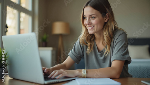 A close up young, pretty woman student sits at her home office desk, using a laptop for e-learning or remote work.