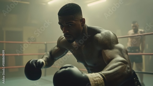 Intense boxer in fighting stance, another boxer blurred in background. photo