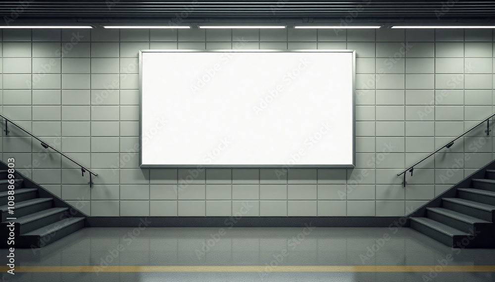 A blank billboard mockup mounted on a wall beside a set of stairs in a subway station. A blank billboard mockup mounted on a wall beside a set of stairs in a subway station.