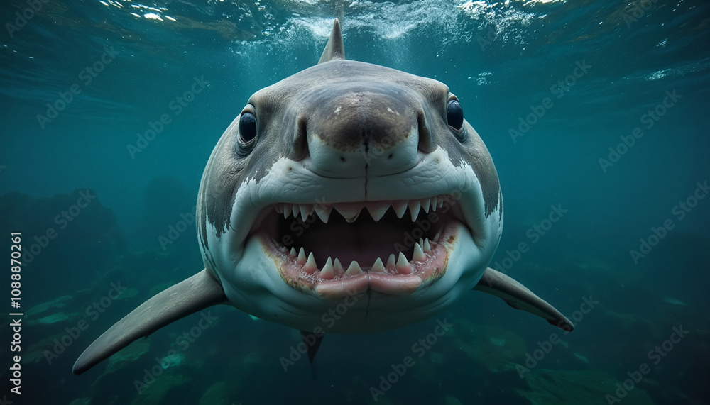 Naklejka premium Shark with Open Mouth Looking at Camera Close-Up in the Sea