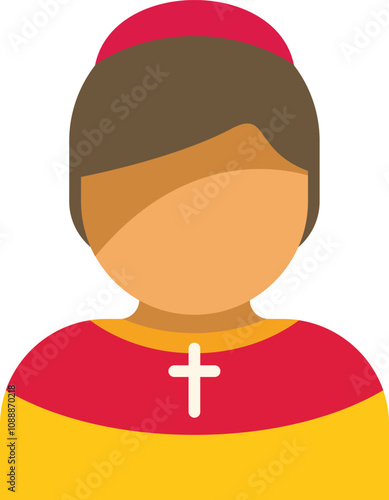 Young catholic priest wearing red and yellow cassock with cross necklace praying