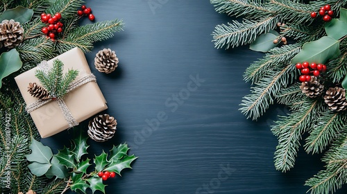 Cozy Christmas Gift Surrounded by Pinecones and Holly on a Dark Background