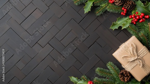 Cozy Christmas Gift Surrounded by Pinecones and Holly on a Dark Background