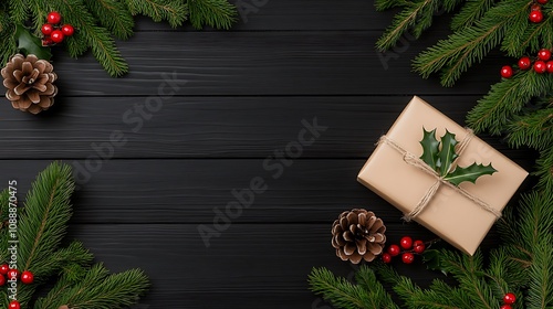 Cozy Christmas Gift Surrounded by Pinecones and Holly on a Dark Background
