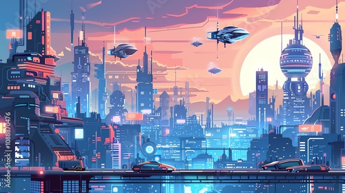 A futuristic cityscape with flying cars. photo