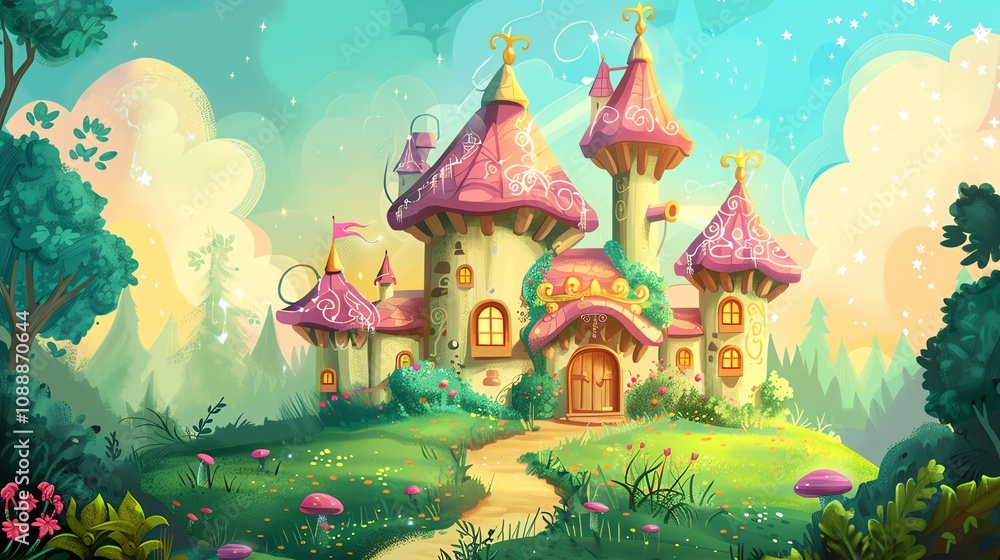 A whimsical, illustrated fairytale castle surrounded by lush greenery. A whimsical, illustrated fairytale castle surrounded by lush greenery.