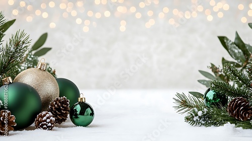 Beautifully Arranged Christmas Ornaments and Pinecones Surrounded by Snowy Greenery