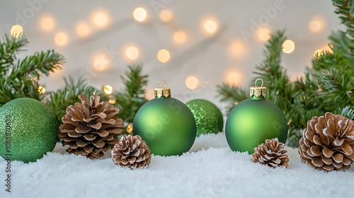 Beautifully Arranged Christmas Ornaments and Pinecones Surrounded by Snowy Greenery