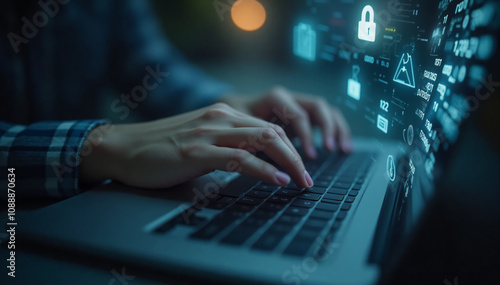 A close-up view of hands typing on a laptop keyboard, with digital cybersecurity overlays glowing on the screen