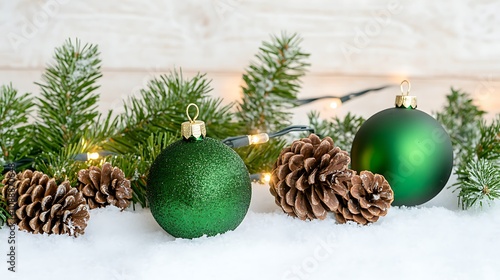 Beautifully Arranged Christmas Ornaments and Pinecones Surrounded by Snowy Greenery