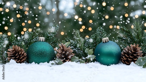 Beautifully Arranged Christmas Ornaments and Pinecones Surrounded by Snowy Greenery