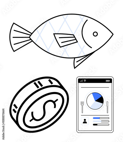 Fish, coin with dollar sign, and mobile app showing pie chart and bar graph. Ideal for finance, dietary planning, apps, technology, seafood industry nutrition health management. Line metaphor