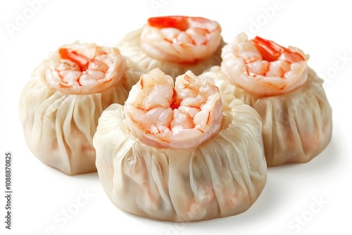 Asian cuisine, Dimsum, bag Dim Sum Siomai is soup-filled pouch topped with juicy piece of steamed shrimp. Shrimp tail is give away on this dim-sum dish. Isolated on white background  photo