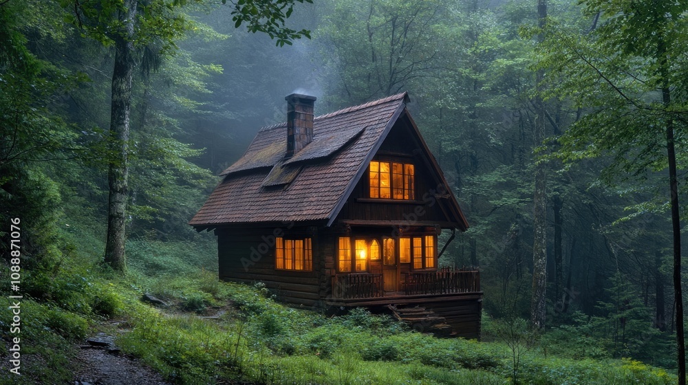Small forest cabin with steep roof, misty background, warm light inside Small forest cabin with steep roof, misty background, warm light inside