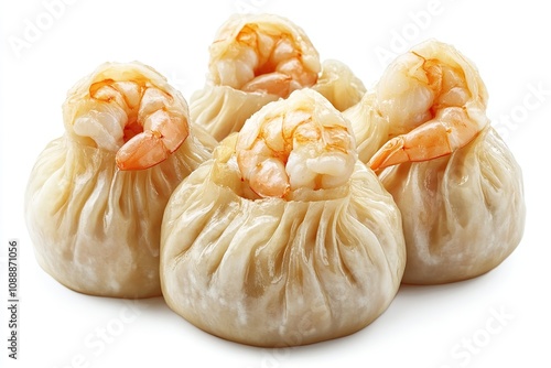 Asian cuisine, Dimsum, bag Dim Sum Siomai is soup-filled pouch topped with juicy piece of steamed shrimp. Shrimp tail is give away on this dim-sum dish. Isolated on white background  photo