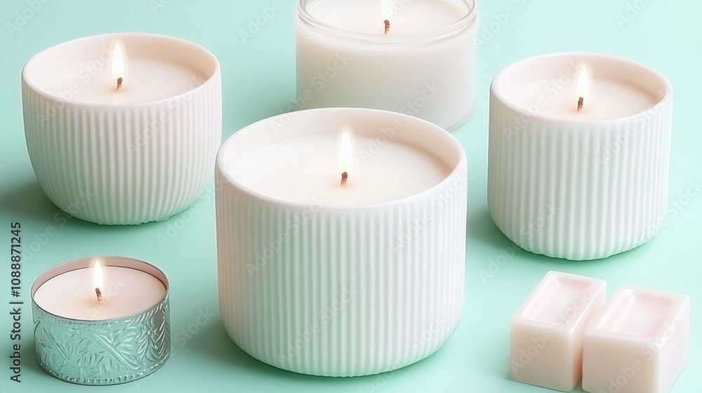 Assortment of Elegant White Scented Candles on a Soft Mint Background with Soft Lighting Creating a Cozy Atmosphere for Relaxation and Serenity Assortment of Elegant White Scented Candles on a Soft Mint Background with Soft Lighting Creating a Cozy Atmosphere for Relaxation and Serenity