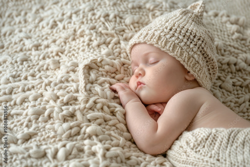 Adorable Sleepy Baby in Cream Knitted Hat and Blanket, Peacefully Napping on Soft Textured Background, Perfectly Capturing Innocence and Sweetness in Tender Moment Adorable Sleepy Baby in Cream Knitted Hat and Blanket, Peacefully Napping on Soft Textured Background, Perfectly Capturing Innocence and Sweetness in Tender Moment