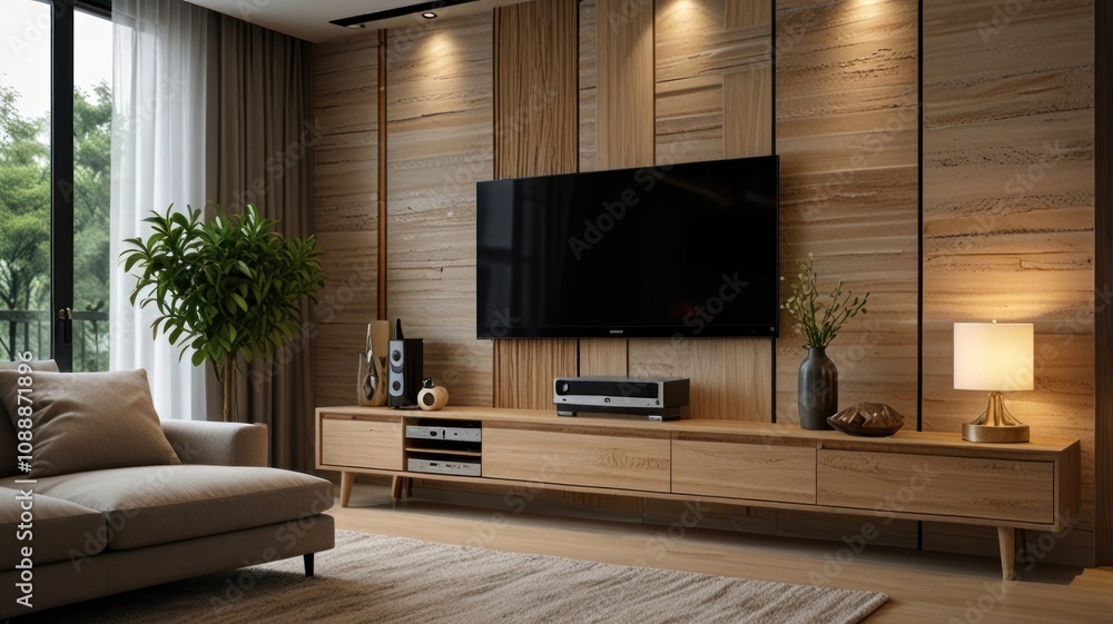 Fototapeta premium Here's a description and keywords for the image.. Modern living room with wood wall, large TV, and media console.