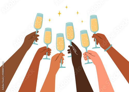 Champagne flutes in human hands of different skin tone isolated on white background. Holiday celebration concept.