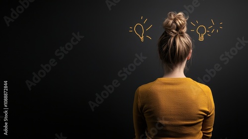 A woman with her back to the camera gazes at light bulb illustrations, symbolizing ideas or inspiration against a dark background.