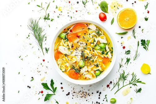 chicken noodle soup , cold and flu fighting soup isolated on a white background. 