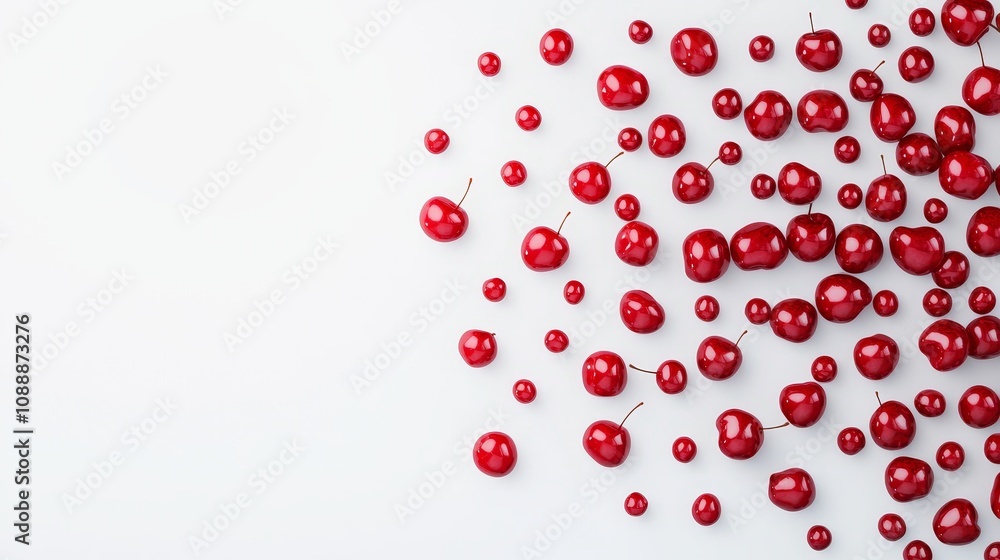 Abstract pattern of cherries descending against a crisp white background, creative and modern, ideal for product packaging advertising Abstract pattern of cherries descending against a crisp white background, creative and modern, ideal for product packaging advertising