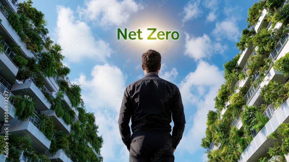 Net Zero Carbon Commitment Concept. A person stands between green buildings under a bright sky, with Net Zero Carbon Commitment Concept. A person stands between green buildings under a bright sky, with